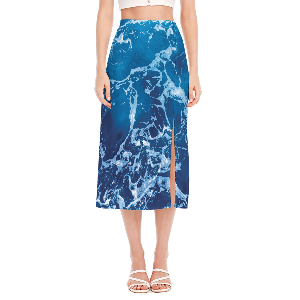 Blue Ocean Print Side Slit Midi Skirt