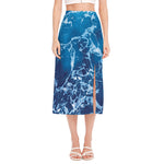 Blue Ocean Print Side Slit Midi Skirt