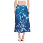 Blue Ocean Print Side Slit Midi Skirt