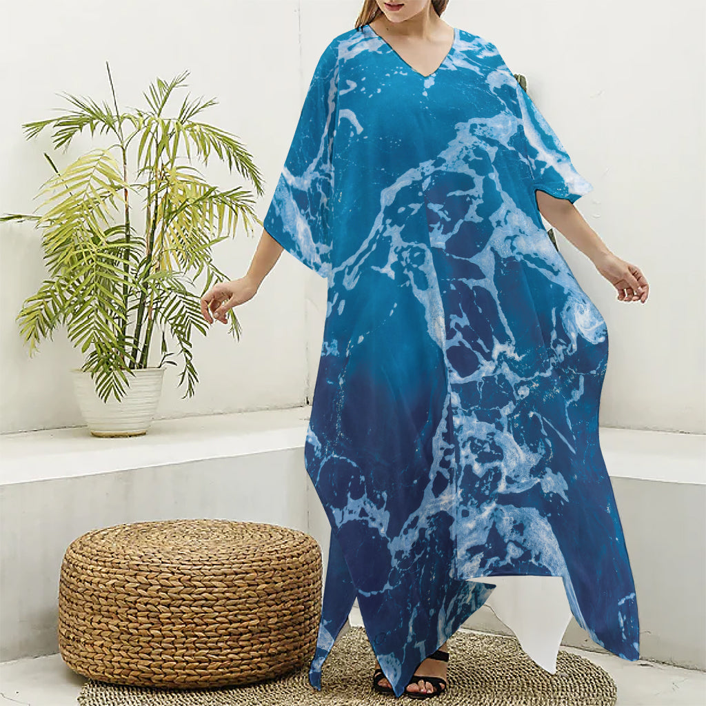 Blue Ocean Print Silk V-Neck Kaftan Dress