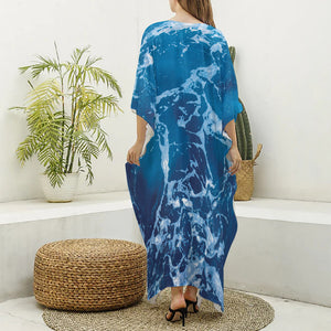 Blue Ocean Print Silk V-Neck Kaftan Dress