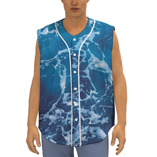 Blue Ocean Print Sleeveless Baseball Jersey
