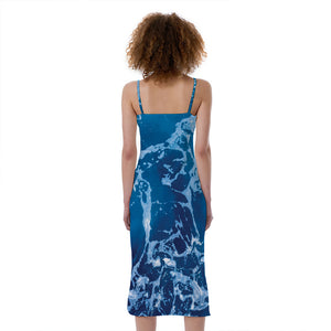 Blue Ocean Print Slim Fit Midi Cami Dress