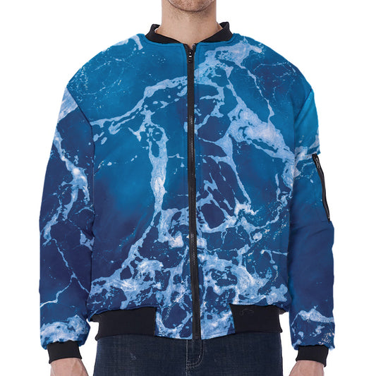 Blue Ocean Print Zip Sleeve Bomber Jacket