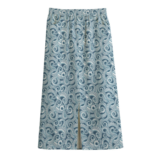 Blue Octopus Tentacles Pattern Print Cotton Front Slit Maxi Skirt