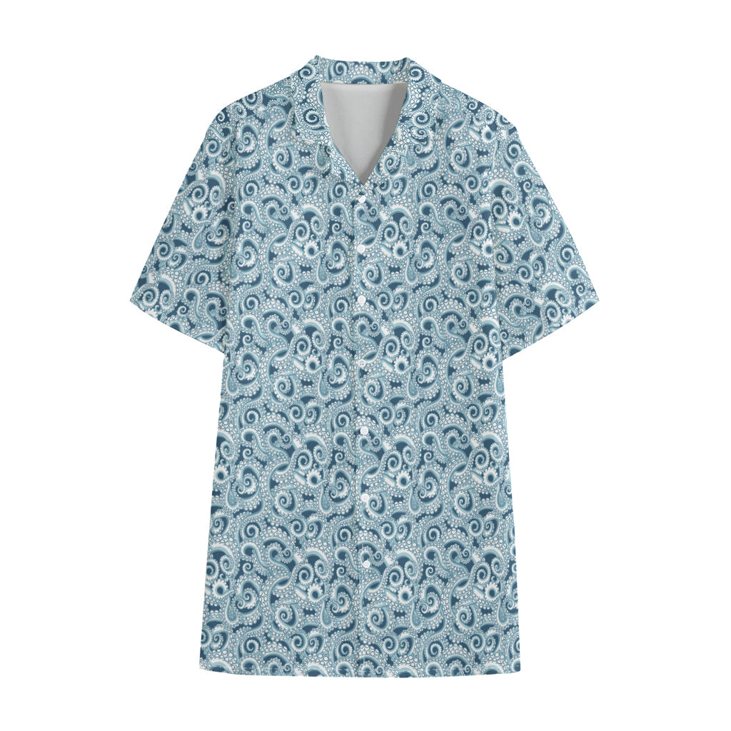 Blue Octopus Tentacles Pattern Print Cotton Hawaiian Shirt