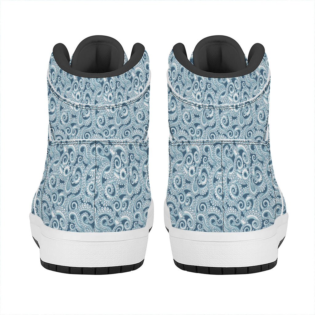 Blue Octopus Tentacles Pattern Print High Top Leather Sneakers