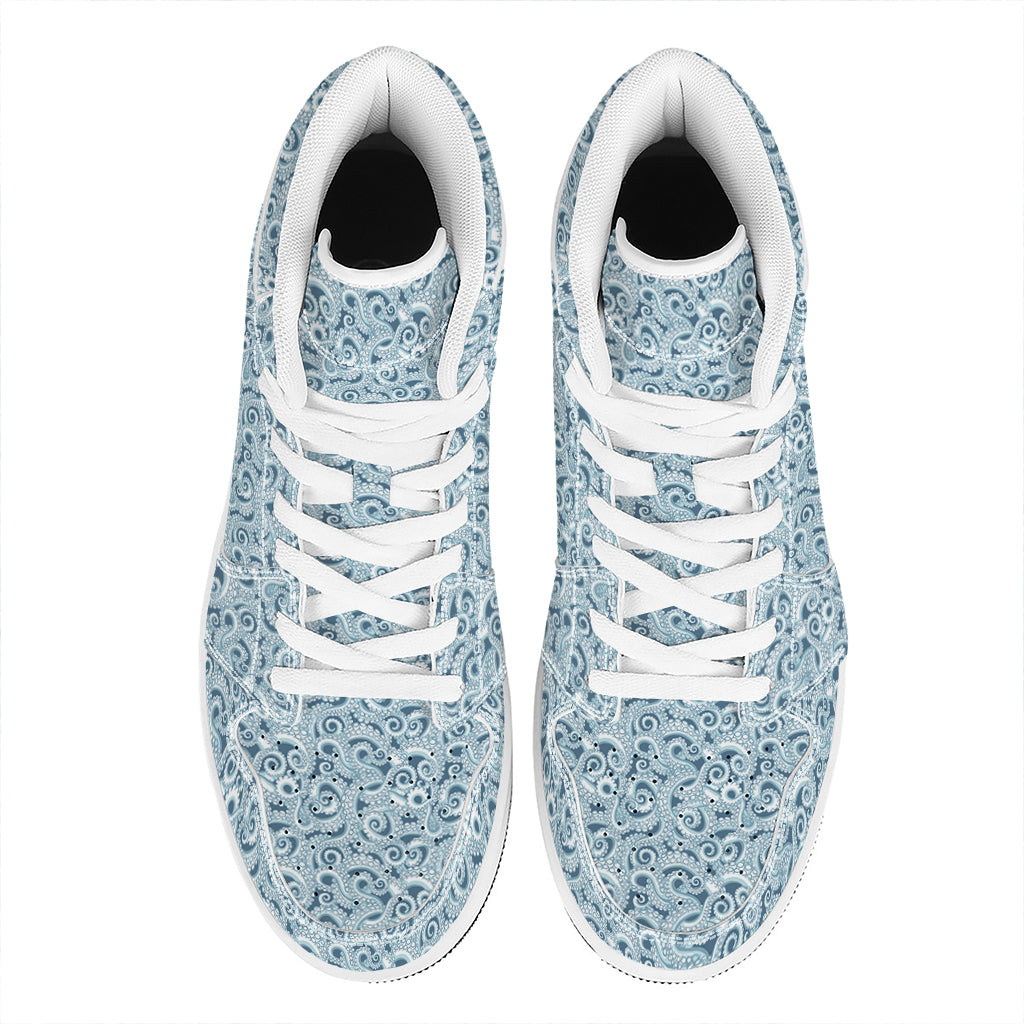 Blue Octopus Tentacles Pattern Print High Top Leather Sneakers