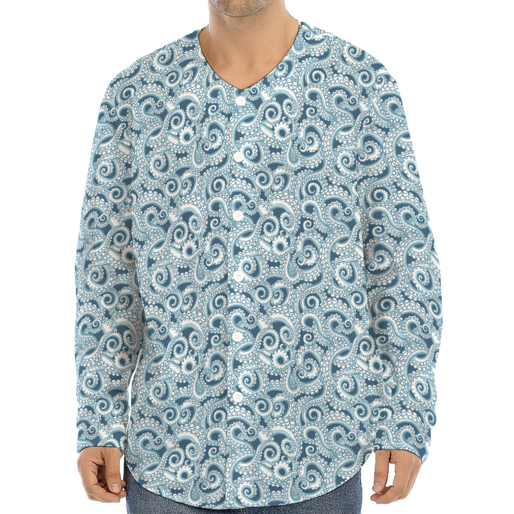 Blue Octopus Tentacles Pattern Print Long Sleeve Baseball Jersey