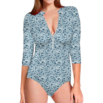 Blue Octopus Tentacles Pattern Print Long Sleeve Swimsuit