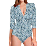 Blue Octopus Tentacles Pattern Print Long Sleeve Swimsuit