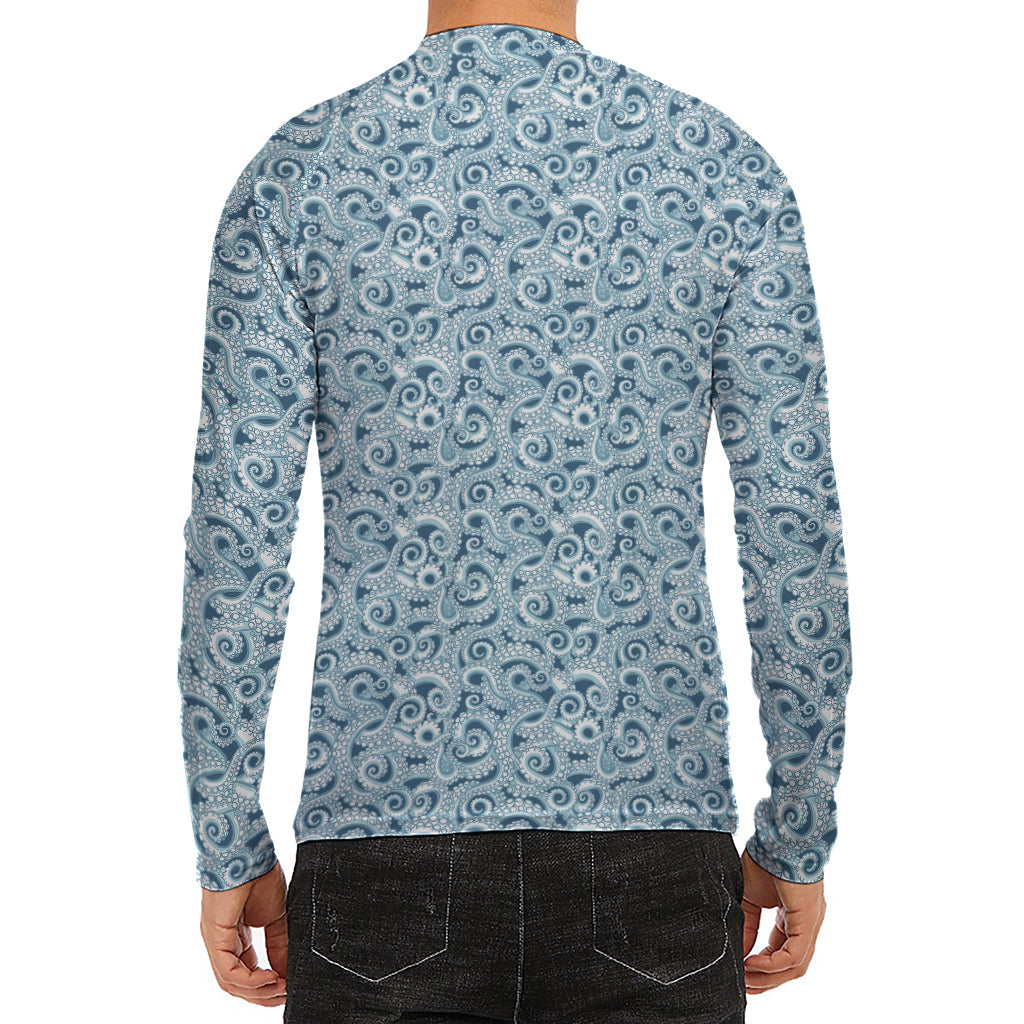 Blue Octopus Tentacles Pattern Print Men's Long Sleeve Rash Guard