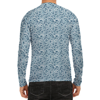 Blue Octopus Tentacles Pattern Print Men's Long Sleeve Rash Guard