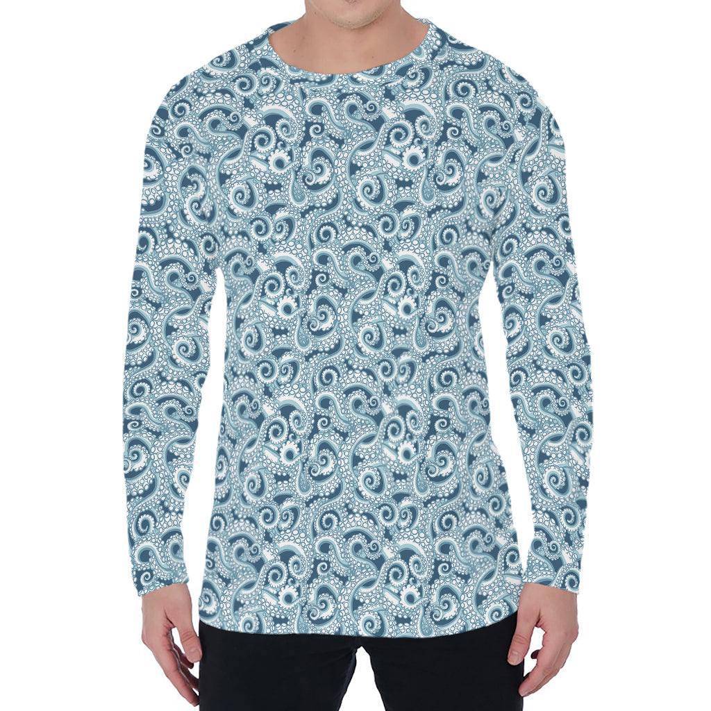 Blue Octopus Tentacles Pattern Print Men's Long Sleeve T-Shirt
