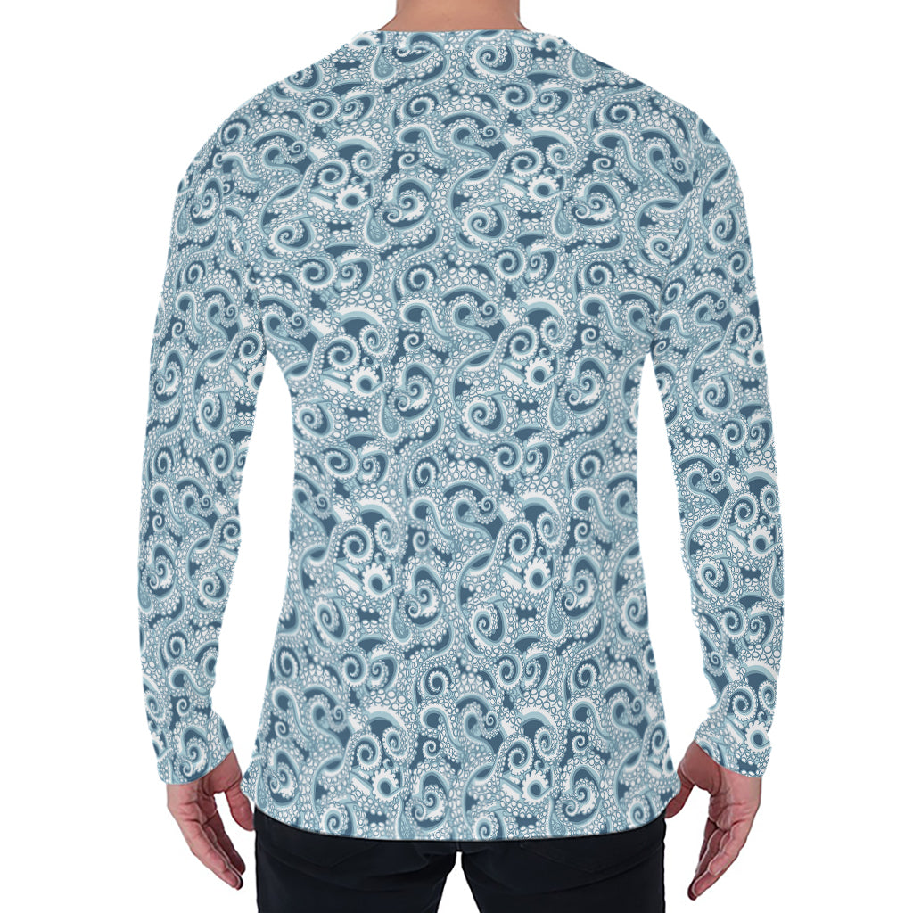 Blue Octopus Tentacles Pattern Print Men's Long Sleeve T-Shirt