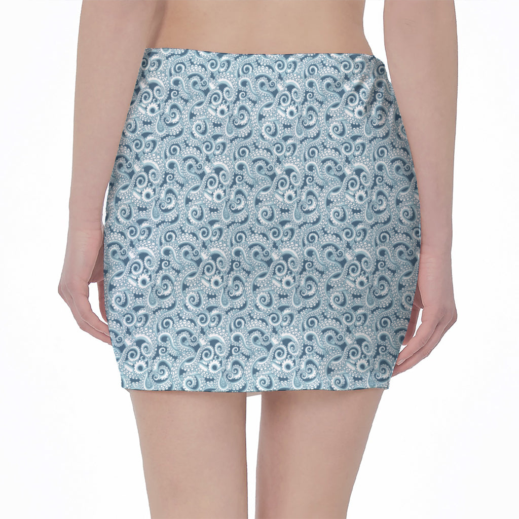Blue Octopus Tentacles Pattern Print Pencil Mini Skirt