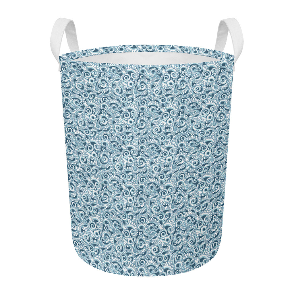 Blue Octopus Tentacles Pattern Print Round Laundry Basket