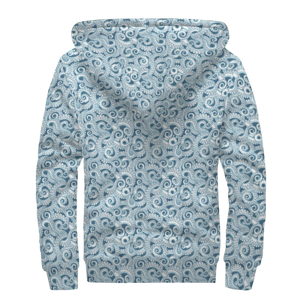 Blue Octopus Tentacles Pattern Print Sherpa Lined Zip Up Hoodie