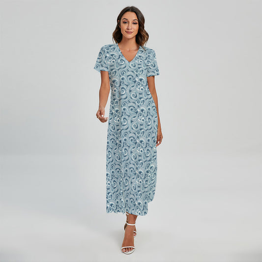 Blue Octopus Tentacles Pattern Print Short Sleeve Maxi Dress