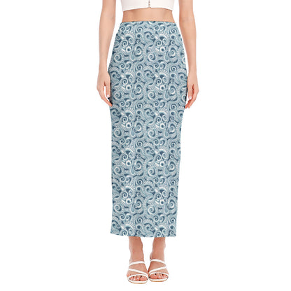 Blue Octopus Tentacles Pattern Print Side Slit Maxi Skirt