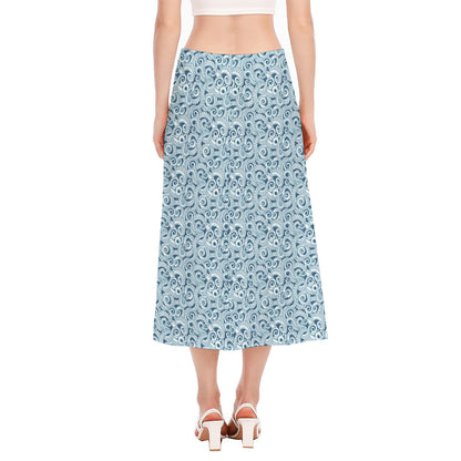 Blue Octopus Tentacles Pattern Print Side Slit Midi Skirt
