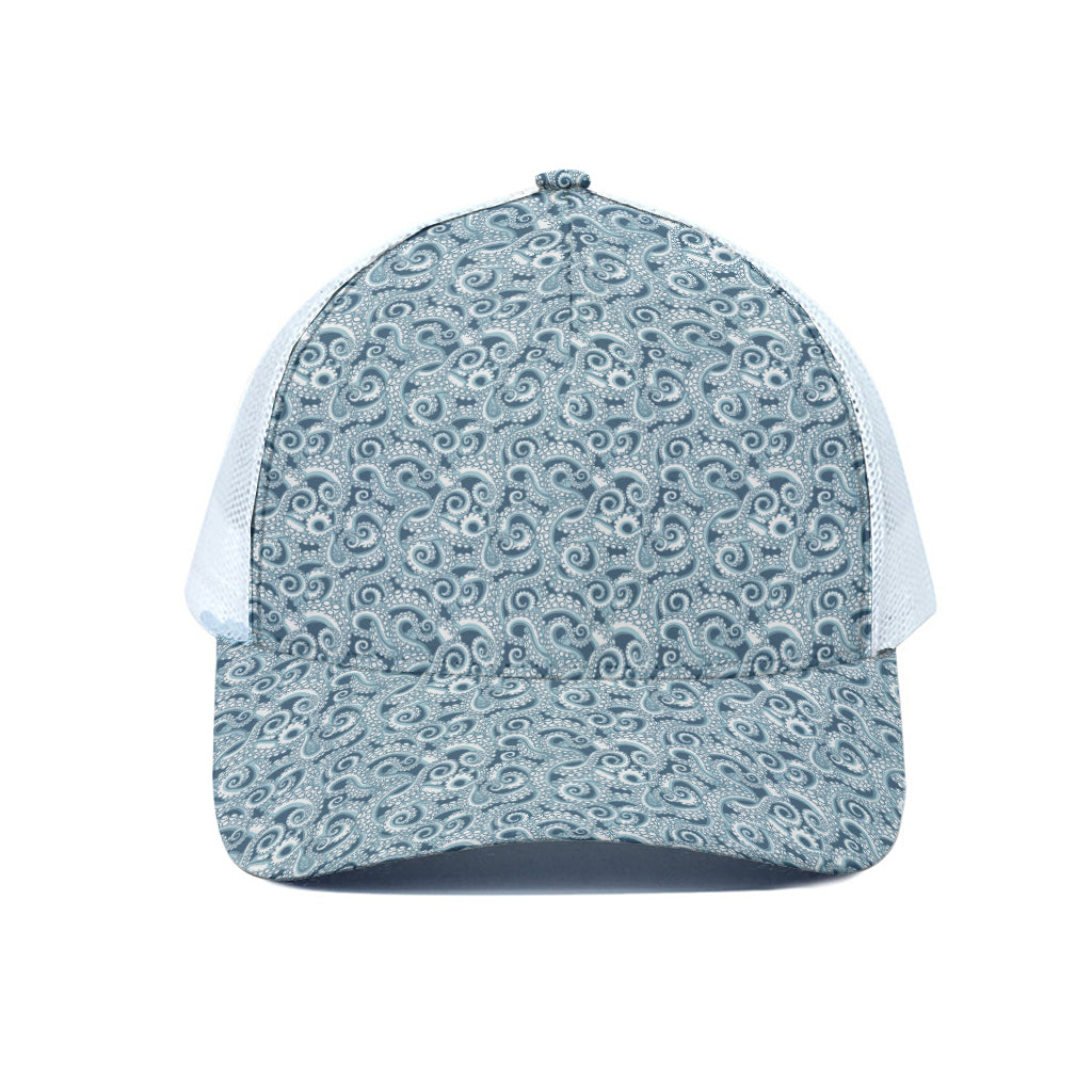 Blue Octopus Tentacles Pattern Print White Mesh Trucker Cap