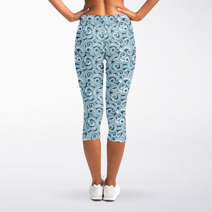 Blue Octopus Tentacles Pattern Print Women's Capri Leggings