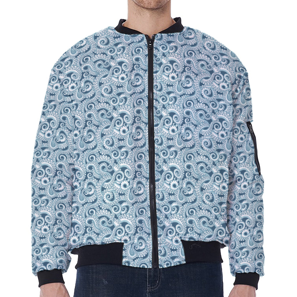 Blue Octopus Tentacles Pattern Print Zip Sleeve Bomber Jacket