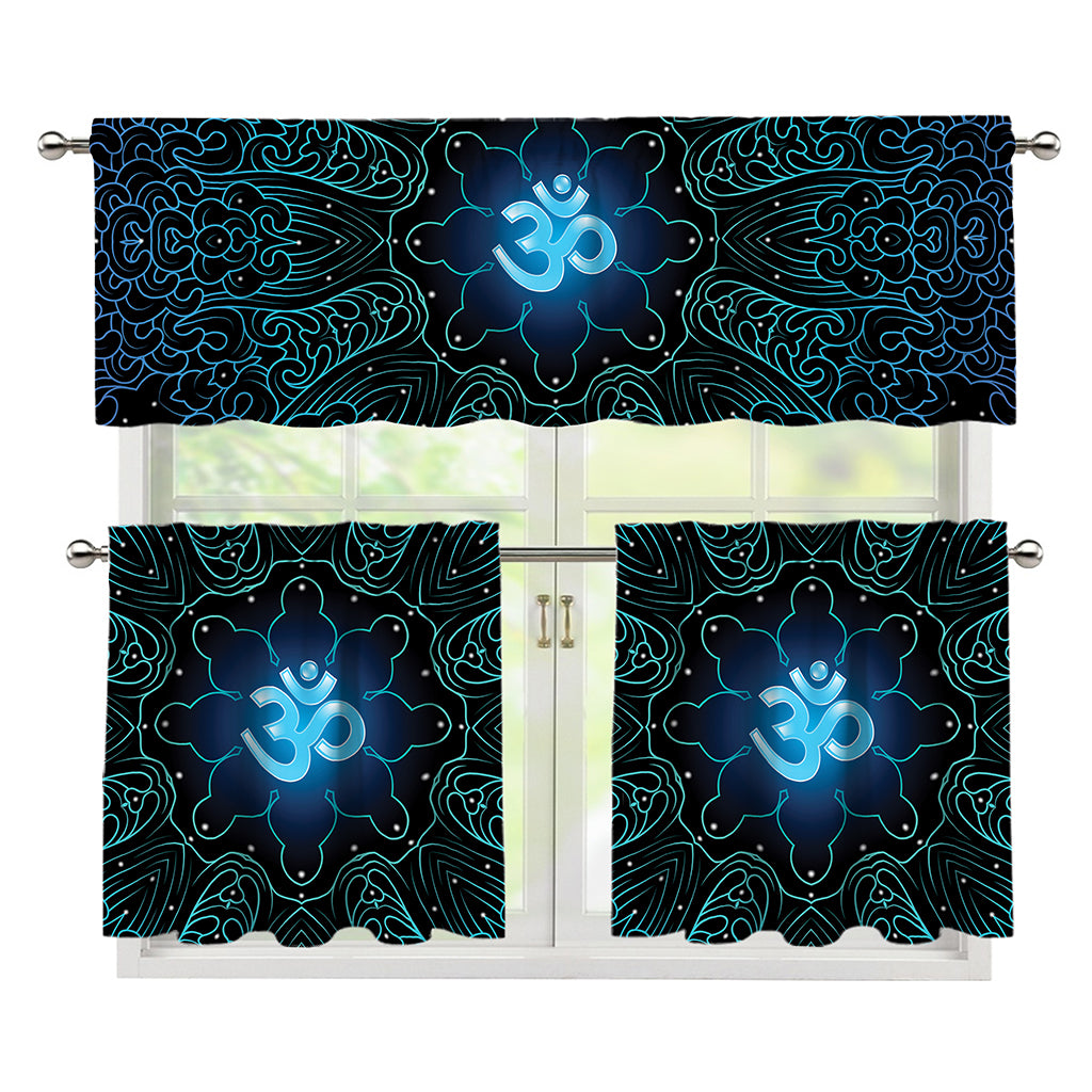 Blue Om Mandala Print 3 Piece Kitchen Curtains
