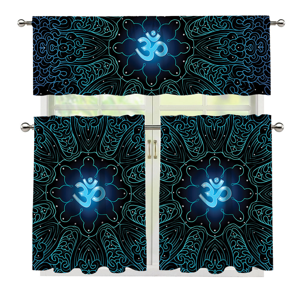 Blue Om Mandala Print 3 Piece Kitchen Curtains