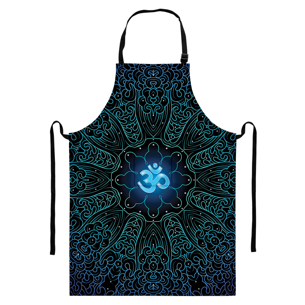 Blue Om Mandala Print Bib Apron With Pocket