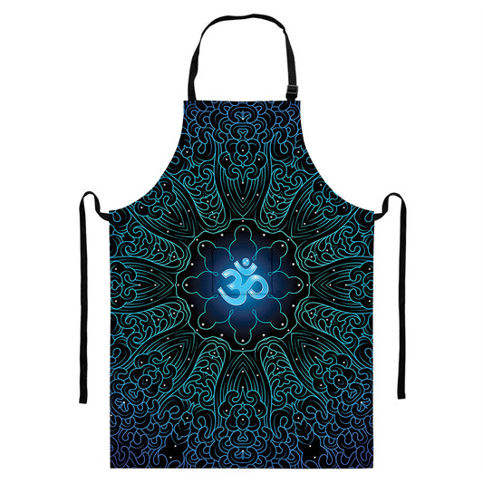 Blue Om Mandala Print Bib Apron With Pocket