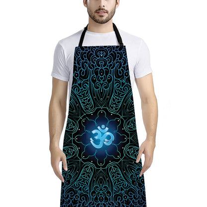 Blue Om Mandala Print Bib Apron With Pocket