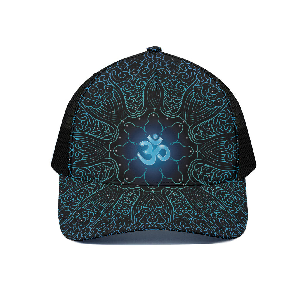 Blue Om Mandala Print Black Mesh Trucker Cap