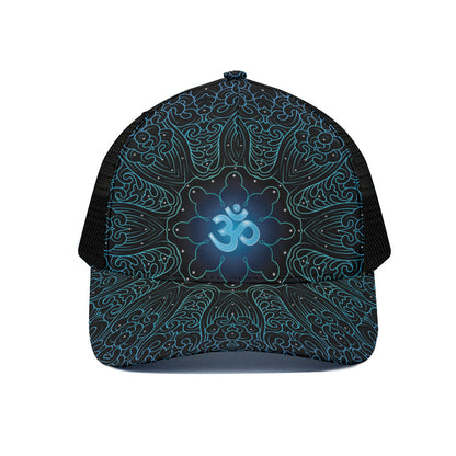 Blue Om Mandala Print Black Mesh Trucker Cap