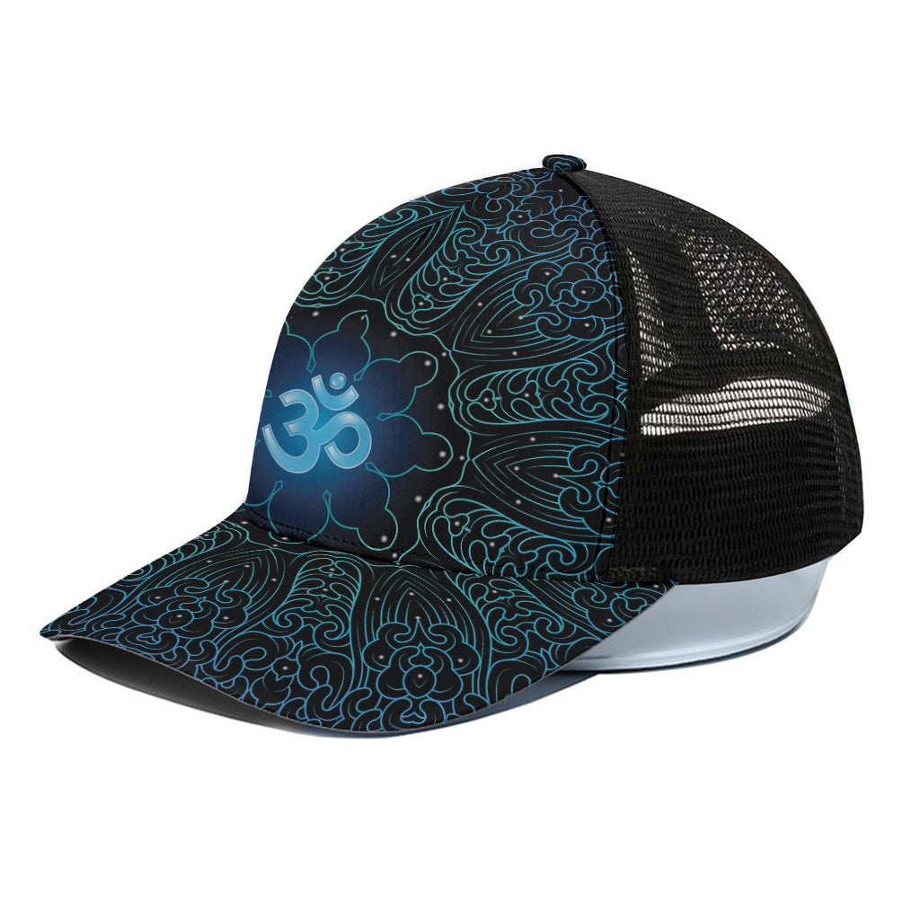 Blue Om Mandala Print Black Mesh Trucker Cap