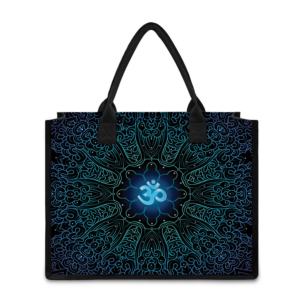 Blue Om Mandala Print Canvas Tote Bag