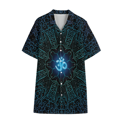 Blue Om Mandala Print Cotton Hawaiian Shirt