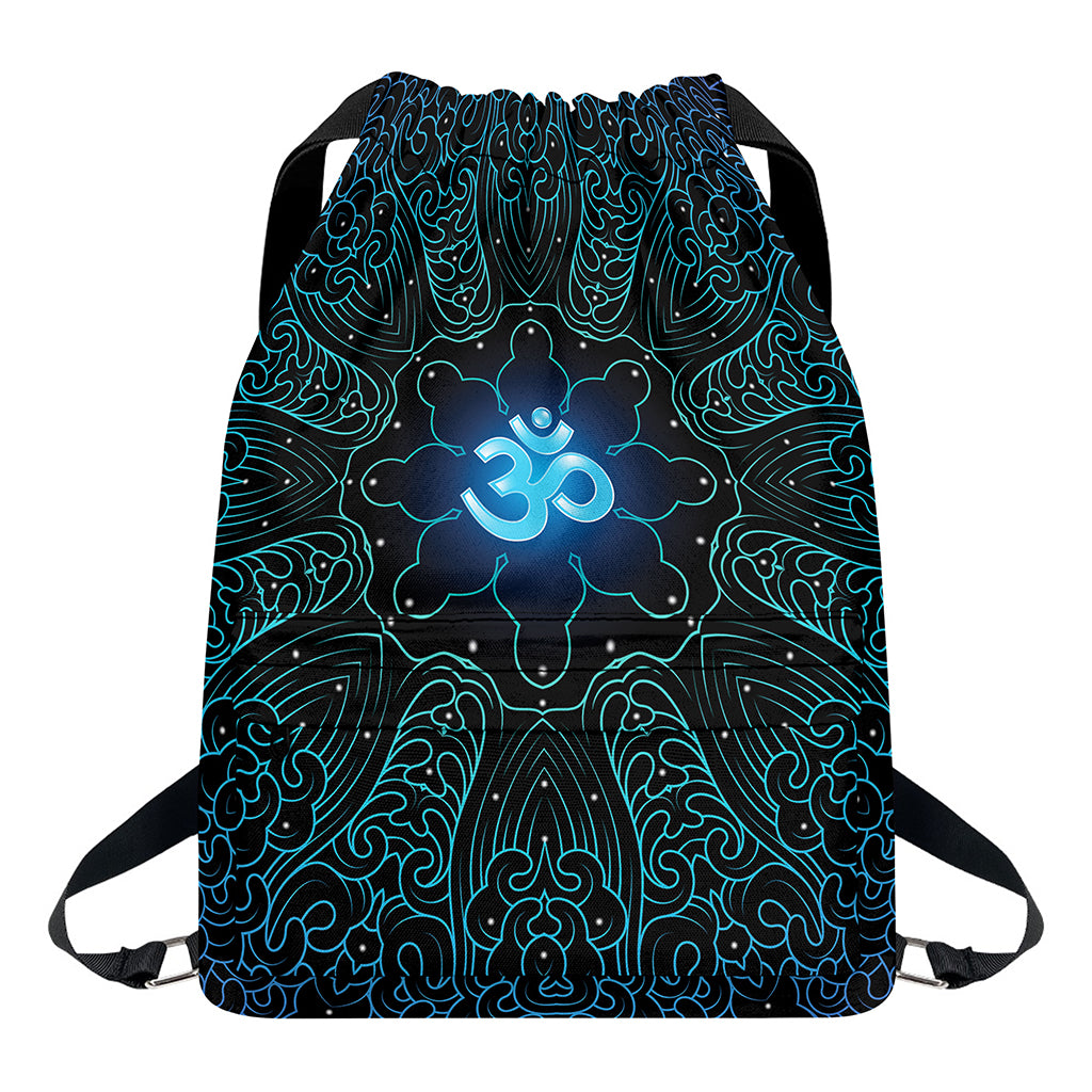 Blue Om Mandala Print Drawstring Backpack