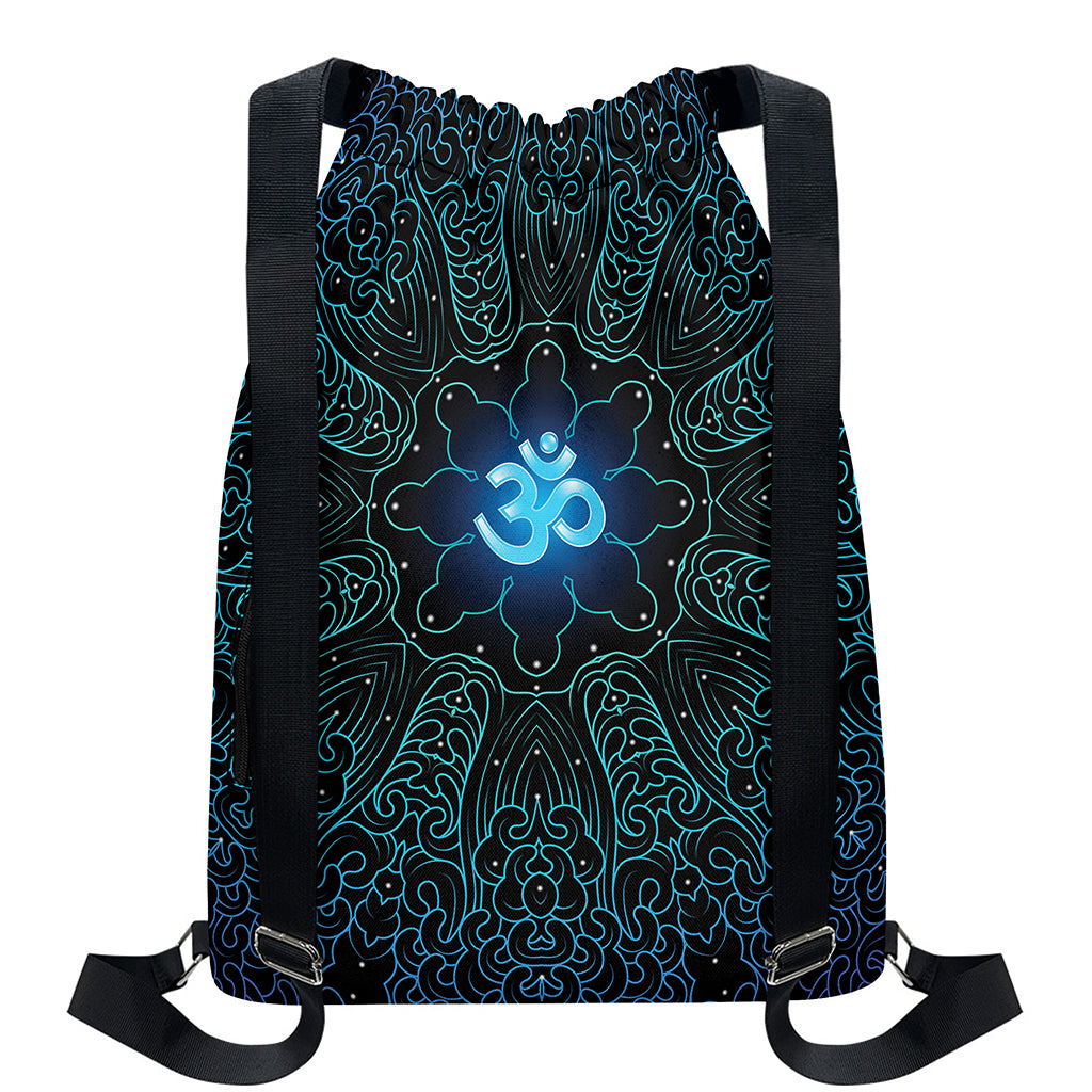 Blue Om Mandala Print Drawstring Backpack