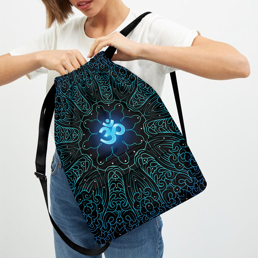 Blue Om Mandala Print Drawstring Backpack