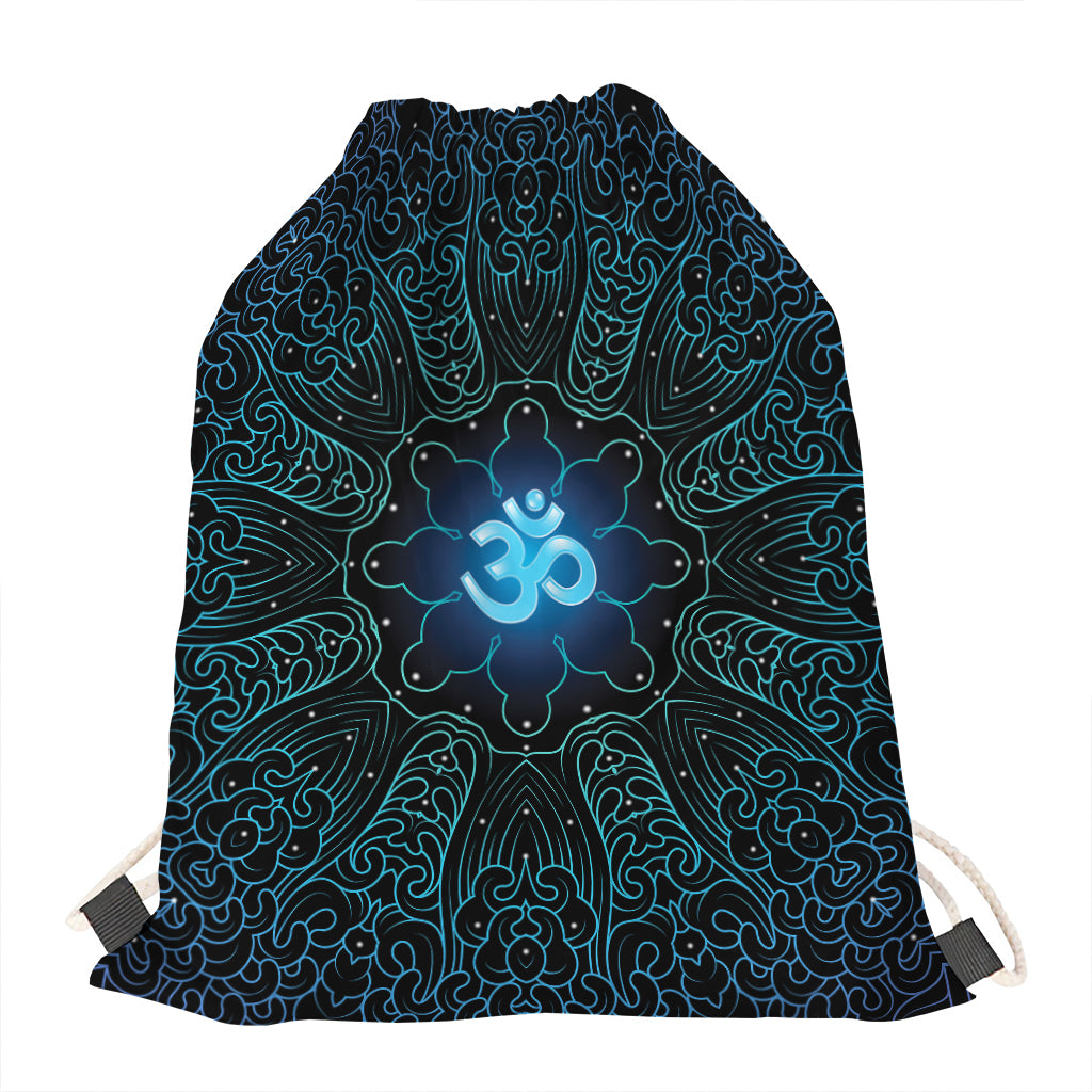 Blue Om Mandala Print Drawstring Bag