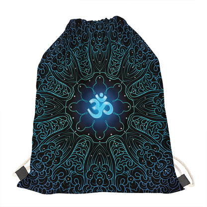 Blue Om Mandala Print Drawstring Bag