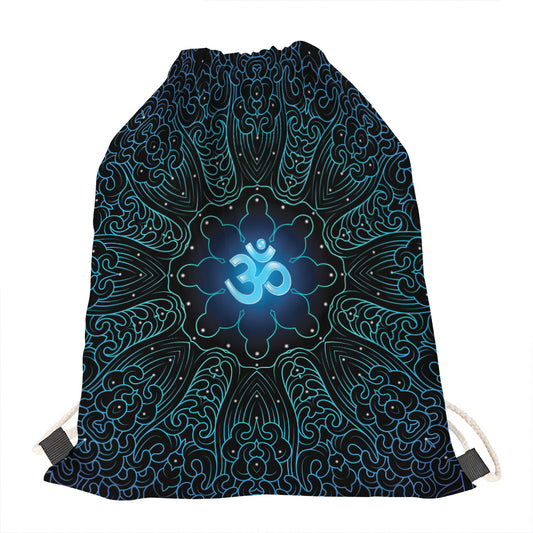 Blue Om Mandala Print Drawstring Bag