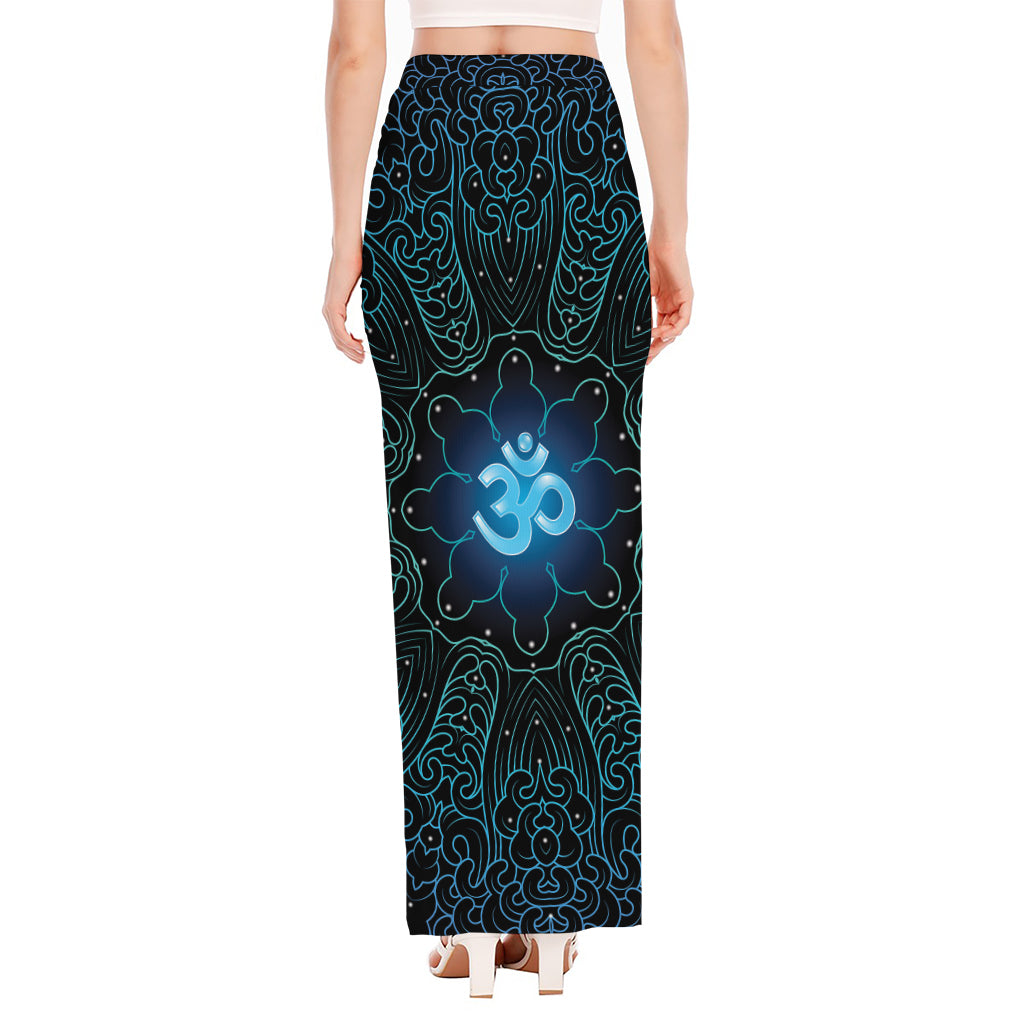 Blue Om Mandala Print High Slit Maxi Skirt