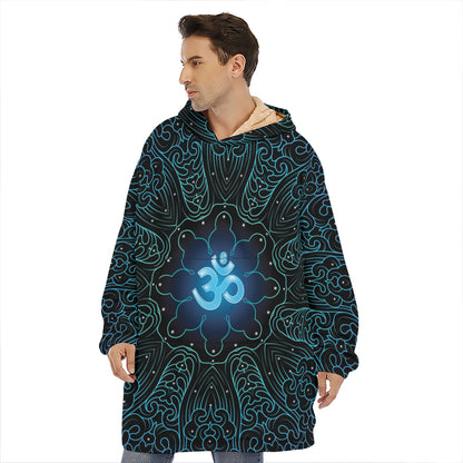 Blue Om Mandala Print Hoodie Blanket