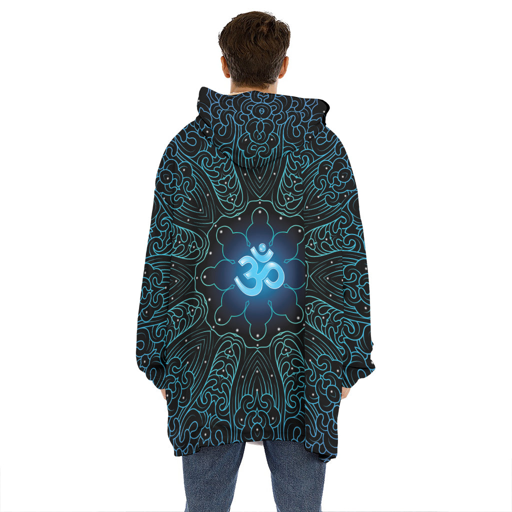 Blue Om Mandala Print Hoodie Blanket