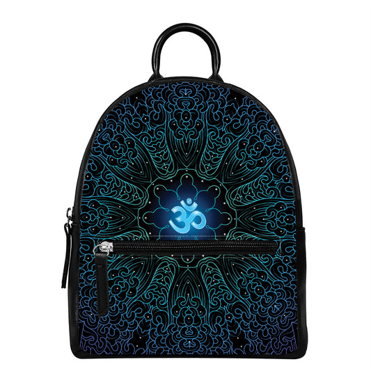 Blue Om Mandala Print Leather Backpack