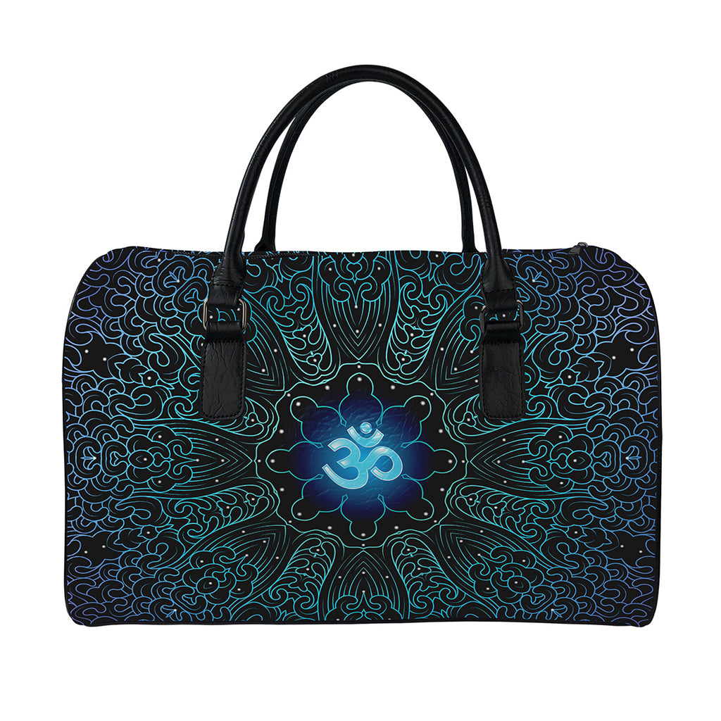 Blue Om Mandala Print Leather Duffle Bag