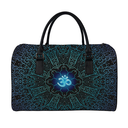 Blue Om Mandala Print Leather Duffle Bag